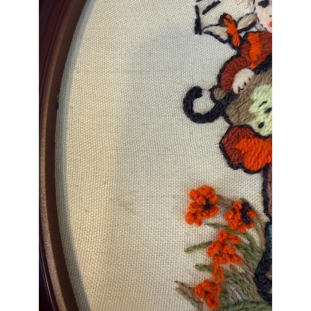 Vintage Hummel Embroidered Wall‎ Art Pair – Framed Oval Needlework (13x10)